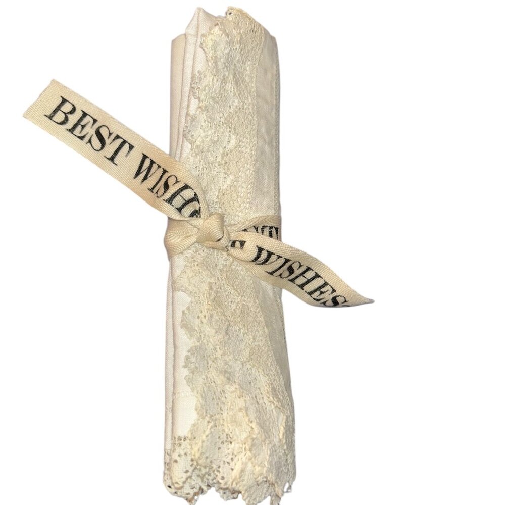 Vintage white Linen hand made lace trim 2 napkins